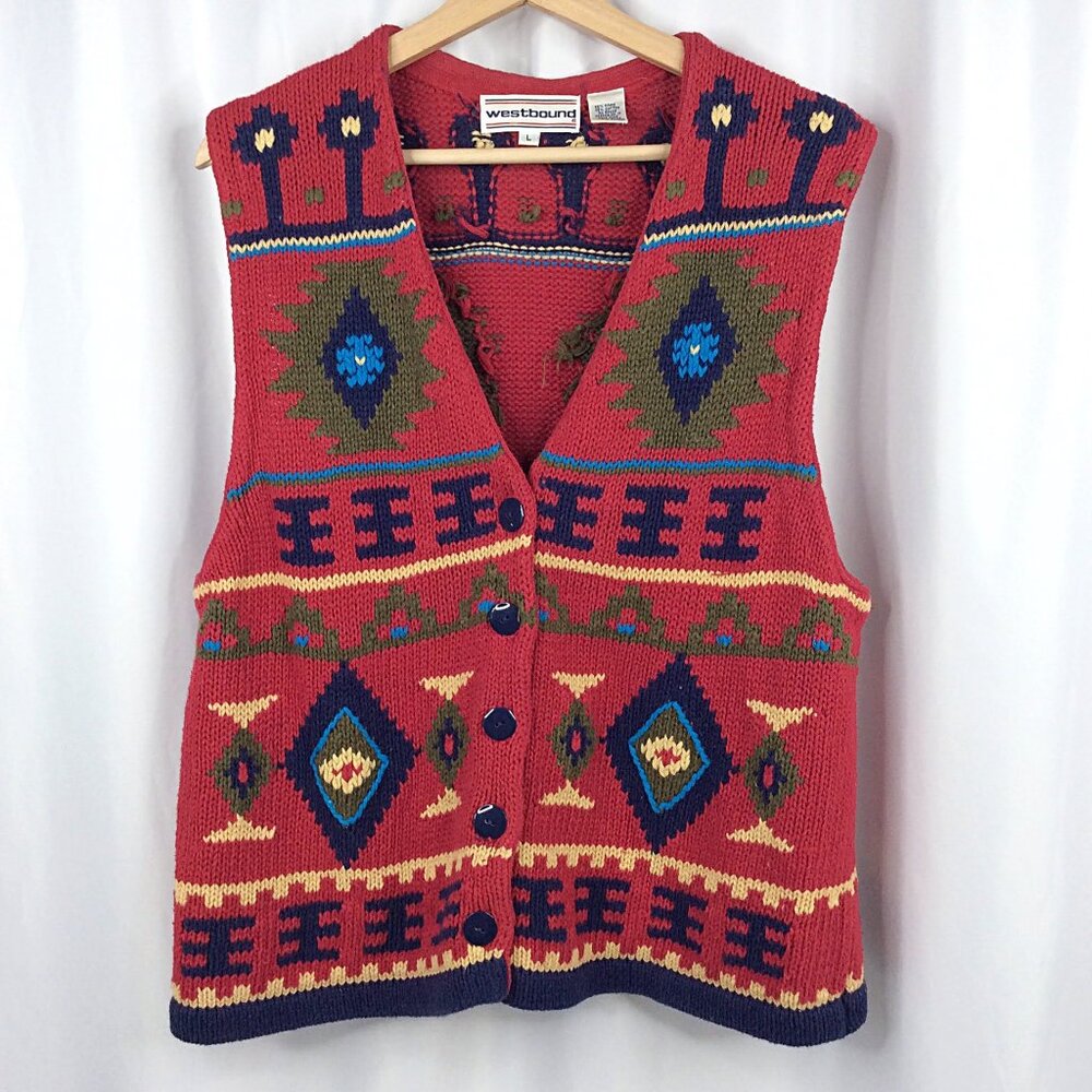 Vintage Westbound Hand-Knitted Cardigan Sweater‎ Vest Women's Size Large Aztec